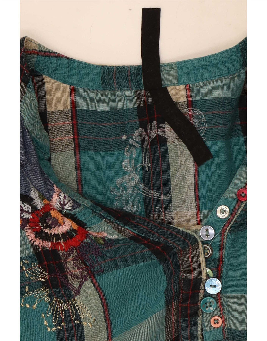 Desigual Damen Langarmblusenoberteil UK 16 Large Türkis Karo