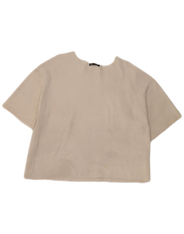 Zara Damen Crop T-Shirt Top UK 16 Large Off White Polyester