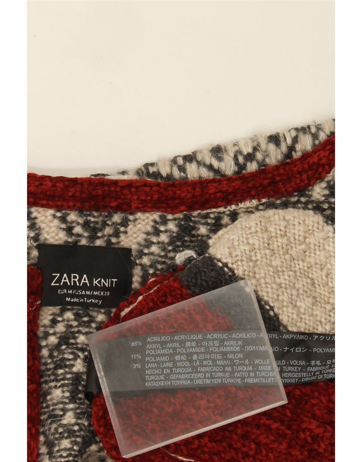Zara Damen Longline Open Cardigan Pullover UK 14 Medium Beige Geometrisch