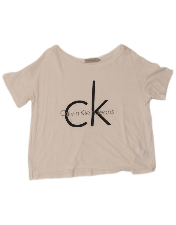 Calvin Klein Jeans Damen Crop Graphic T-Shirt Top UK 10 Small Weiß