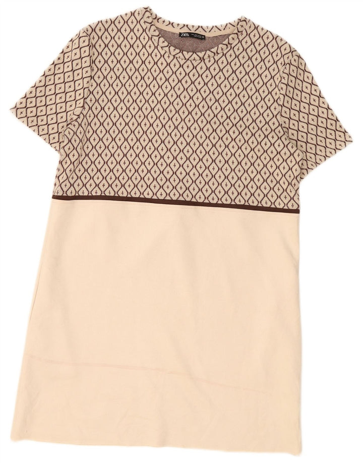 Zara Damen Etuikleid UK 16 Large Beige Geometrisch Polyester