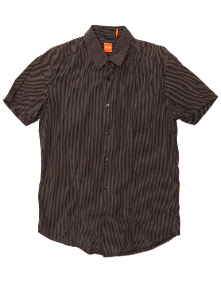 HUGO BOSS Herren-Kurzarmhemd, große graue Nadelstreifen-Baumwolle
