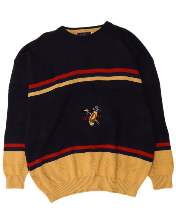 Vintage Herren-Pullover mit grafischem Rundhalsausschnitt, XL, Marineblau, Farbblock