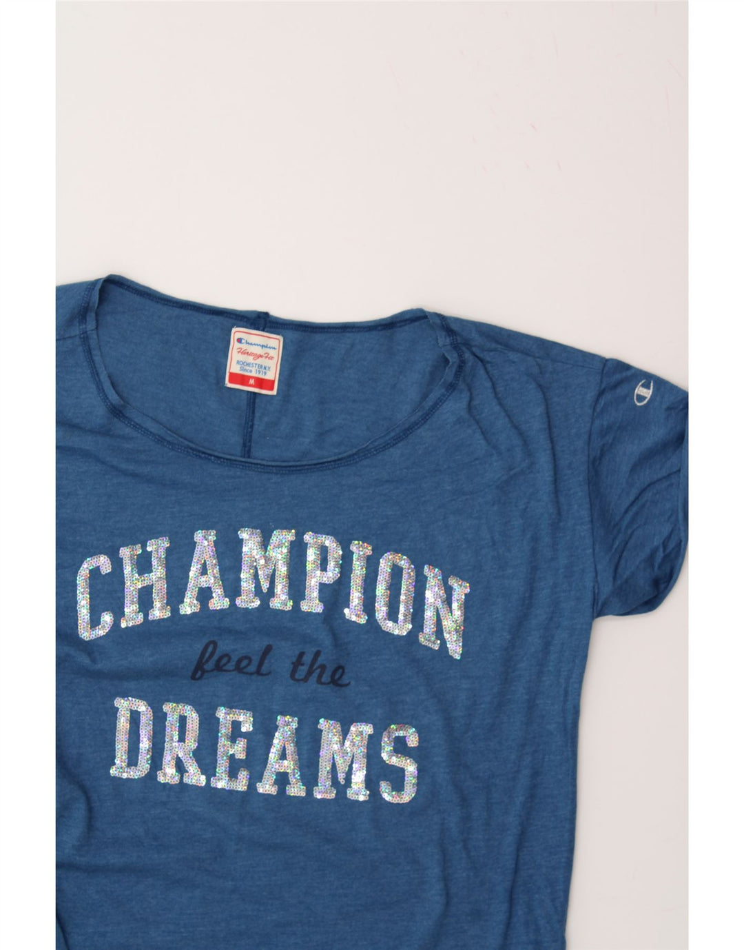 CHAMPION Womens Graphic T-Shirt Top UK 14 Medium Blue Vintage Champion and Second-Hand Champion from Messina Hembry 