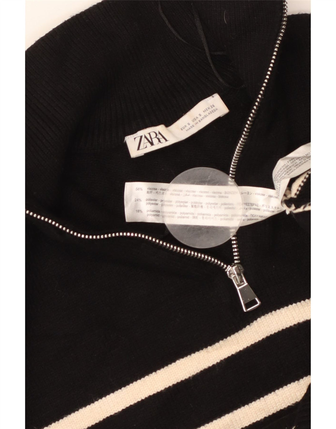 ZARA Damen-Pullover, übergroß, mit Reißverschluss, Gr. 10, Größe S, Schwarz, gestreift