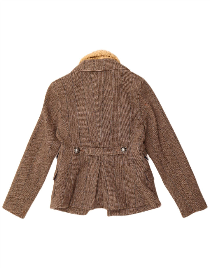 Superdry Damen-Blazerjacke mit 3 Knöpfen, UK 14, Größe L, graue Wolle mit Fischgrätenmuster