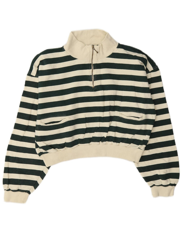 Vintage Damen Crop Zip Neck Sweatshirt Pullover UK 12 Mittelgrün gestreift