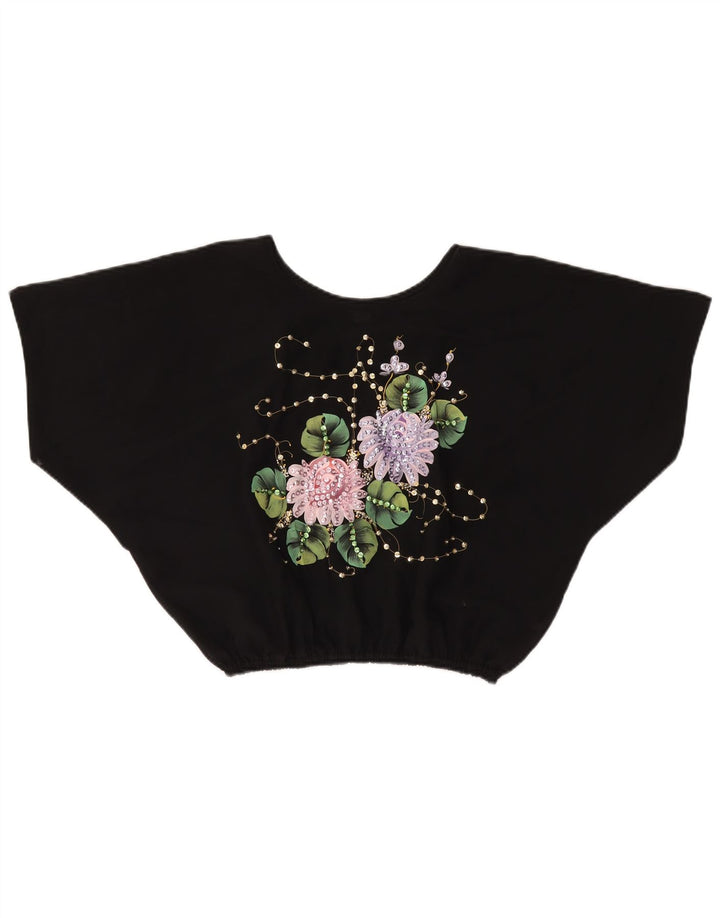 VINTAGE Damen Crop Batwing Bluse Top UK 18 XL Schwarz geblümtes Polyester