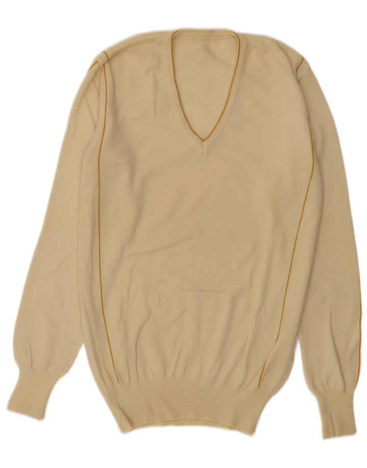 Vintage Herren V-Ausschnitt Pullover Pullover Medium Off White Gestreifte Wolle