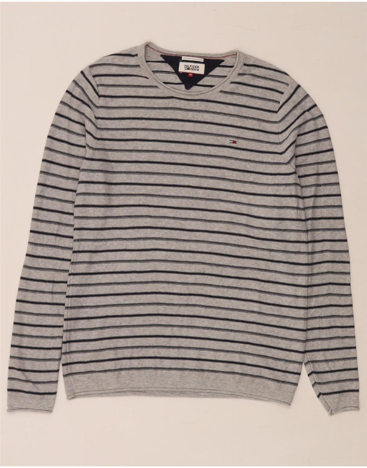 TOMMY HILFIGER Herren-Pullover mit Rundhalsausschnitt, mittelgrau gestreifte Baumwolle
