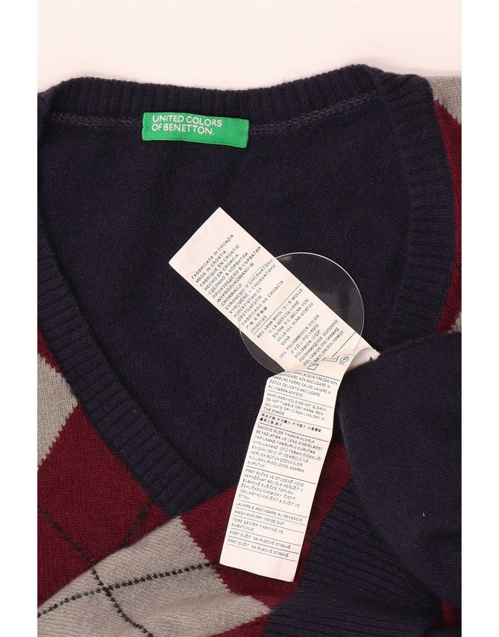 Benetton Herren-Pullover mit V-Ausschnitt, groß, marineblau, Argyle-/Diamant-Wolle