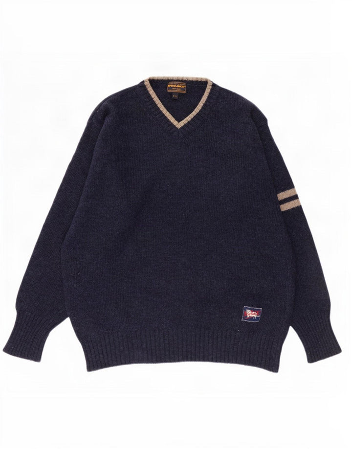 Woolrich Herren-Pullover mit V-Ausschnitt, 2XL, marineblau, gestreift, Wolle