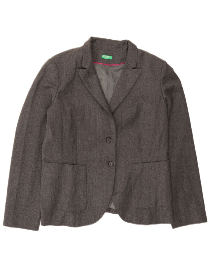Benetton Damen-Blazerjacke mit 2 Knöpfen, UK 16, große graue Wolle