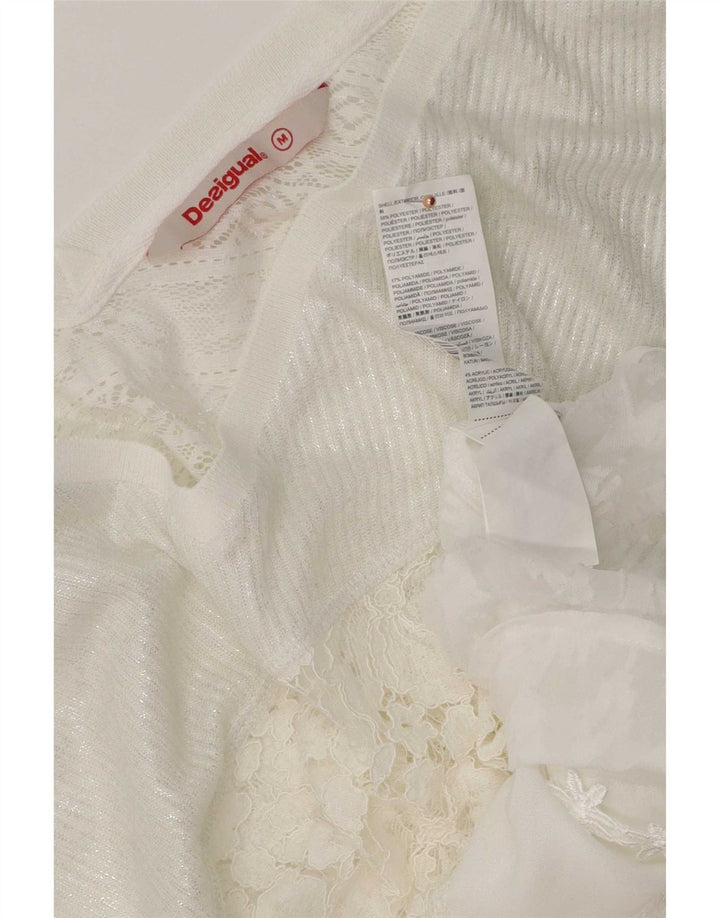Desigual Damen Langarm-Blusenoberteil UK 14 Medium White Floral Polyester