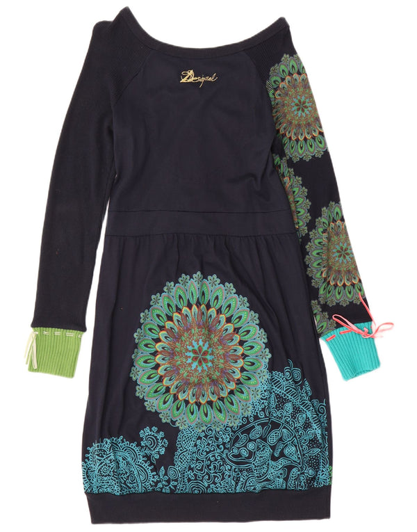 Desigual Damen Langarm-Blasenkleid UK 14 Large Marineblau Paisley