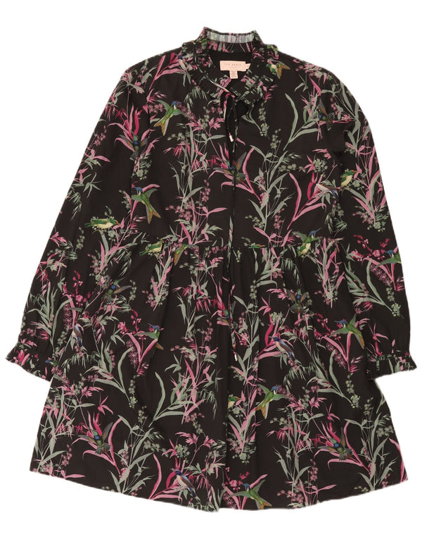 Ted Baker Langarm-Stufenkleid für Damen, Größe 1 XS, Schwarz, Blumenmuster, Bohemian-Stil