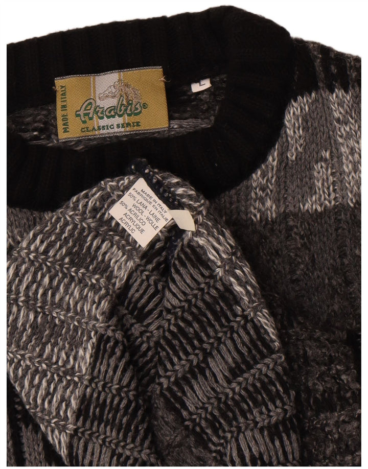 Vintage Herren-Pullover mit Rundhalsausschnitt, große graue Chevron-Wolle