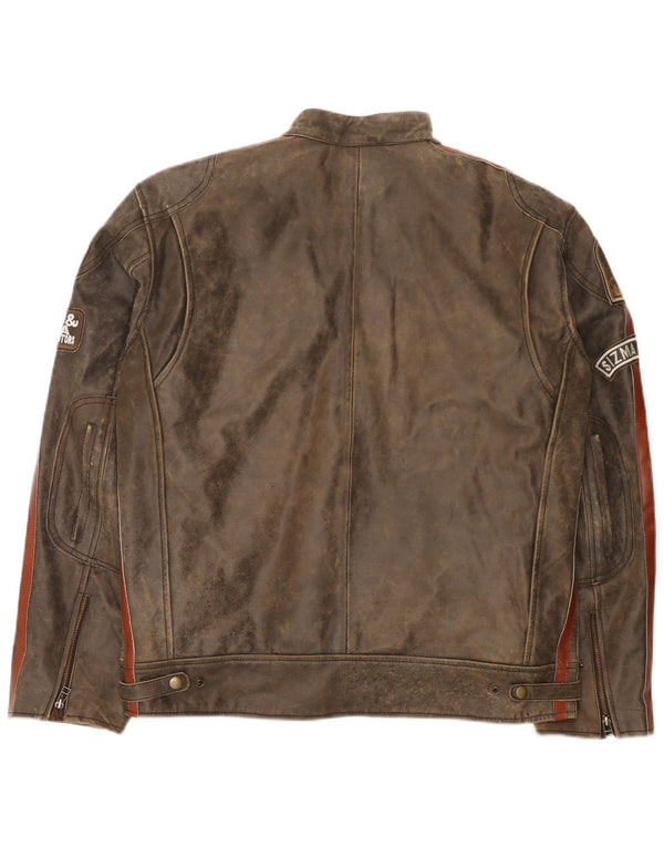 Sizma Mode Herren-Racerjacke aus grafischem Leder, UK 42, XL, Braun, Farbblock