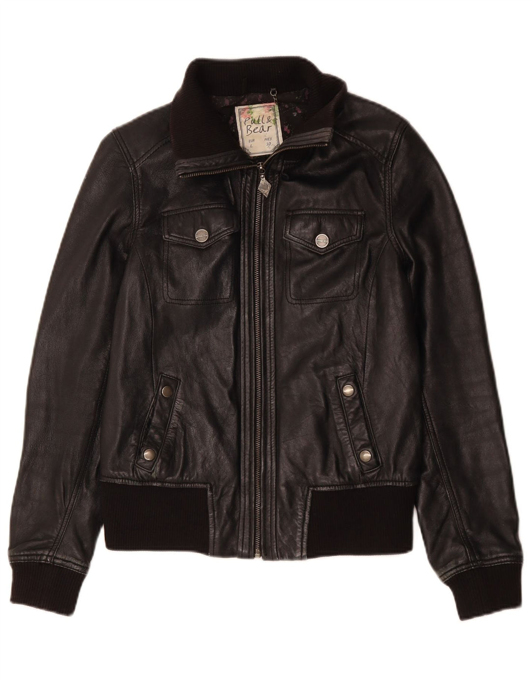 Pull & Bear Damen Lederjacke UK 14 Großes schwarzes Leder