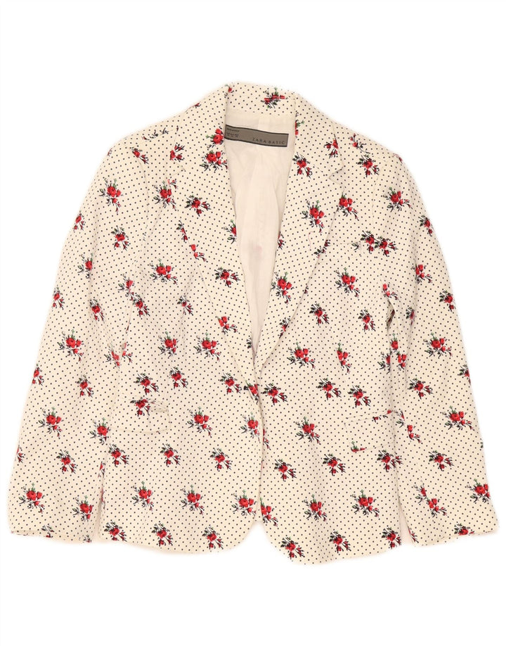 Zara Damen-Blazer mit 1 Knopf, UK 12, mittelweiß, geblümt, Baumwolle