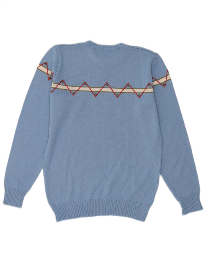 Vintage Herren Pullover mit Rundhalsausschnitt, kleine blaue geometrische Wolle
