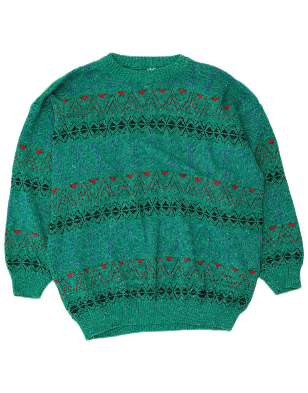 Vintage Herren Pullover mit Rundhalsausschnitt, mittelgrün, geometrisches Acryl