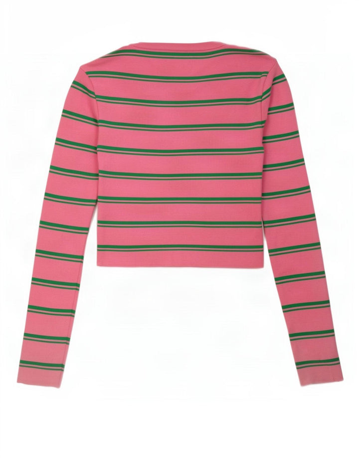 Zara Damen Crop Top Langarm UK 14 Großes rosa gestreiftes Polyamid