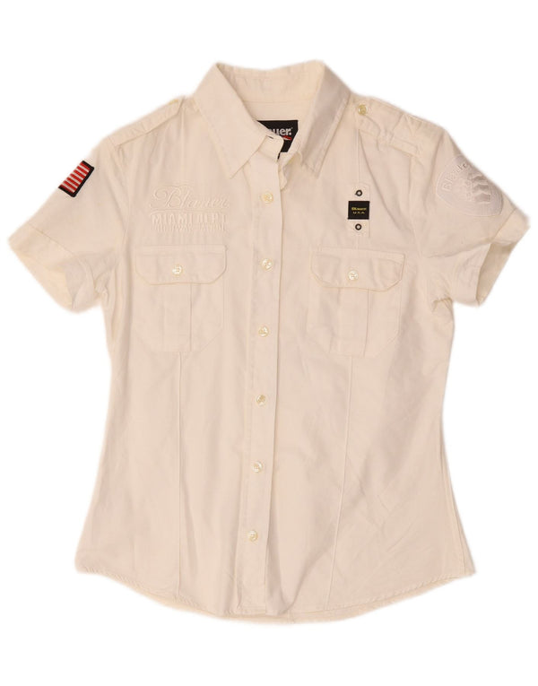 Blauer Womens Graphic Short Sleeve Shirt UK 14 Large Weiße Baumwolle