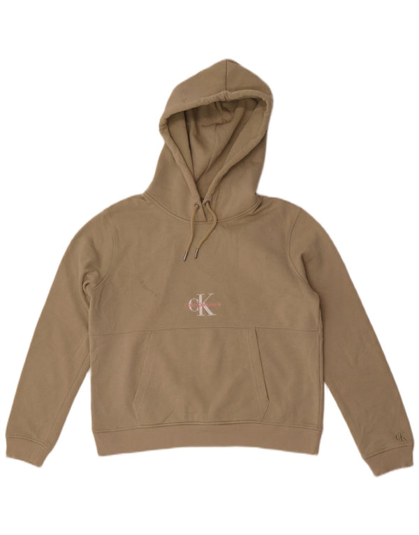 Calvin Klein Jeans Womens Graphic Oversized Hoodie Jumper UK 10 Small Beige