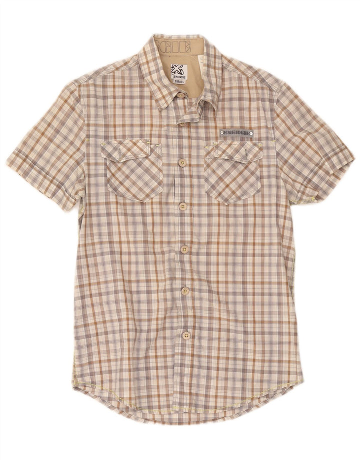 Energie Herren-Kurzarmhemd, klein, beige, kariert, Baumwolle
