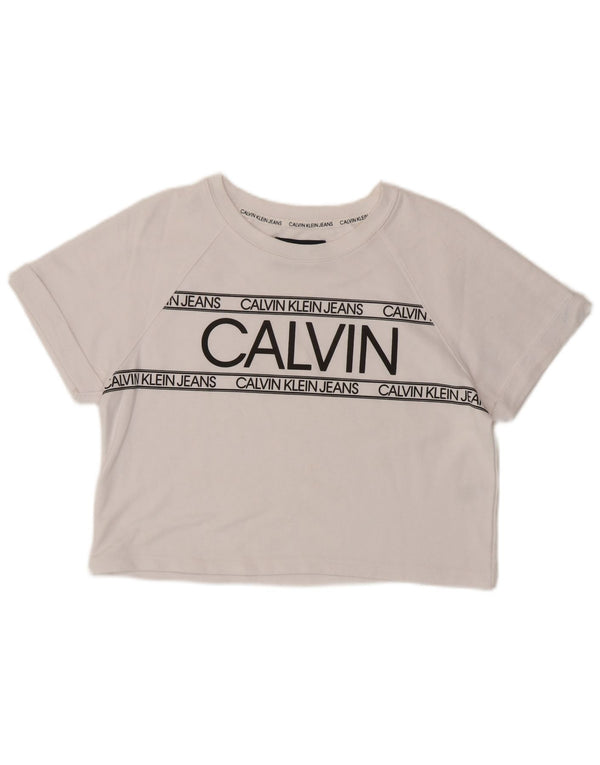 Calvin Klein Jeans Damen Crop Graphic T-Shirt Top UK 10 Small Weiß
