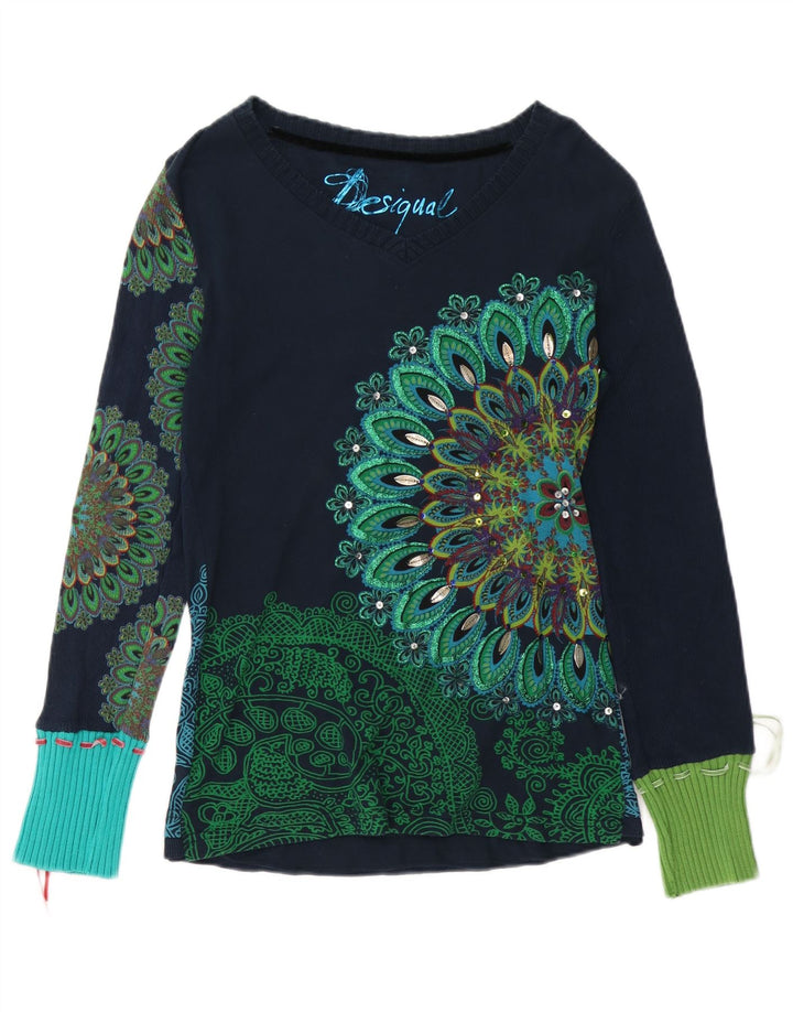 DESIGUAL Damen Graphic Top Langarm UK 14 Large Marineblau mit Blumenmuster