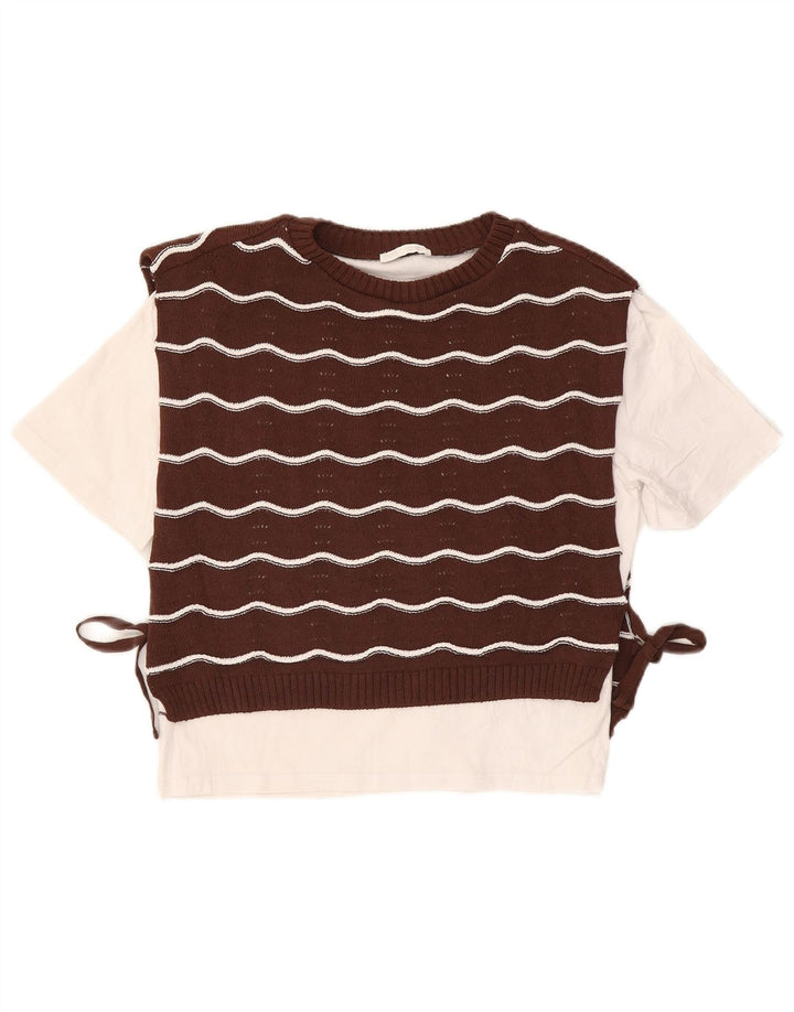 ZARA Damen Pullover mit Rundhalsausschnitt, UK 14, mittelbraun gestreift