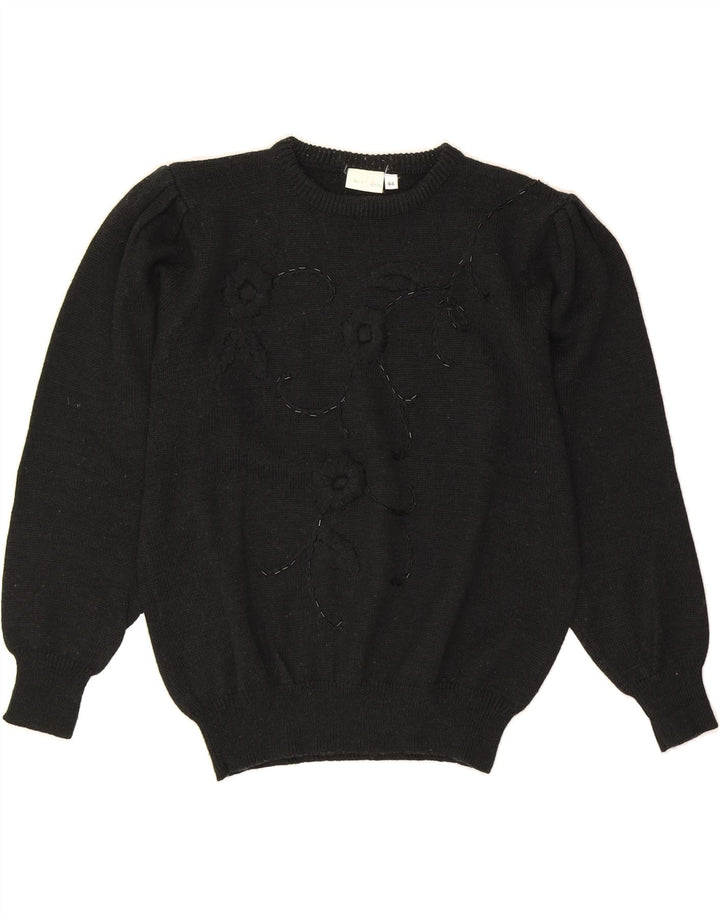 VINTAGE Womens Crew Neck Jumper Sweater IT 44 Medium Black Floral Vintage Vintage and Second-Hand Vintage from Messina Hembry 