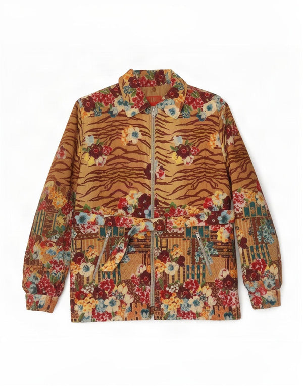 Jungle Kenzo Damen Bomberjacke UK 16 Large Beige Floral Cotton Retro