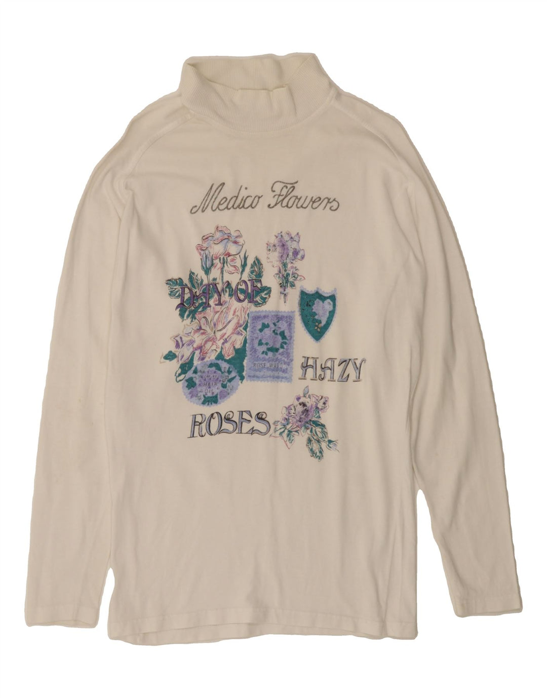 MEDICO Womens Graphic Top Long Sleeve EU 40 Medium Off White Floral Cotton Vintage Medico and Second-Hand Medico from Messina Hembry 