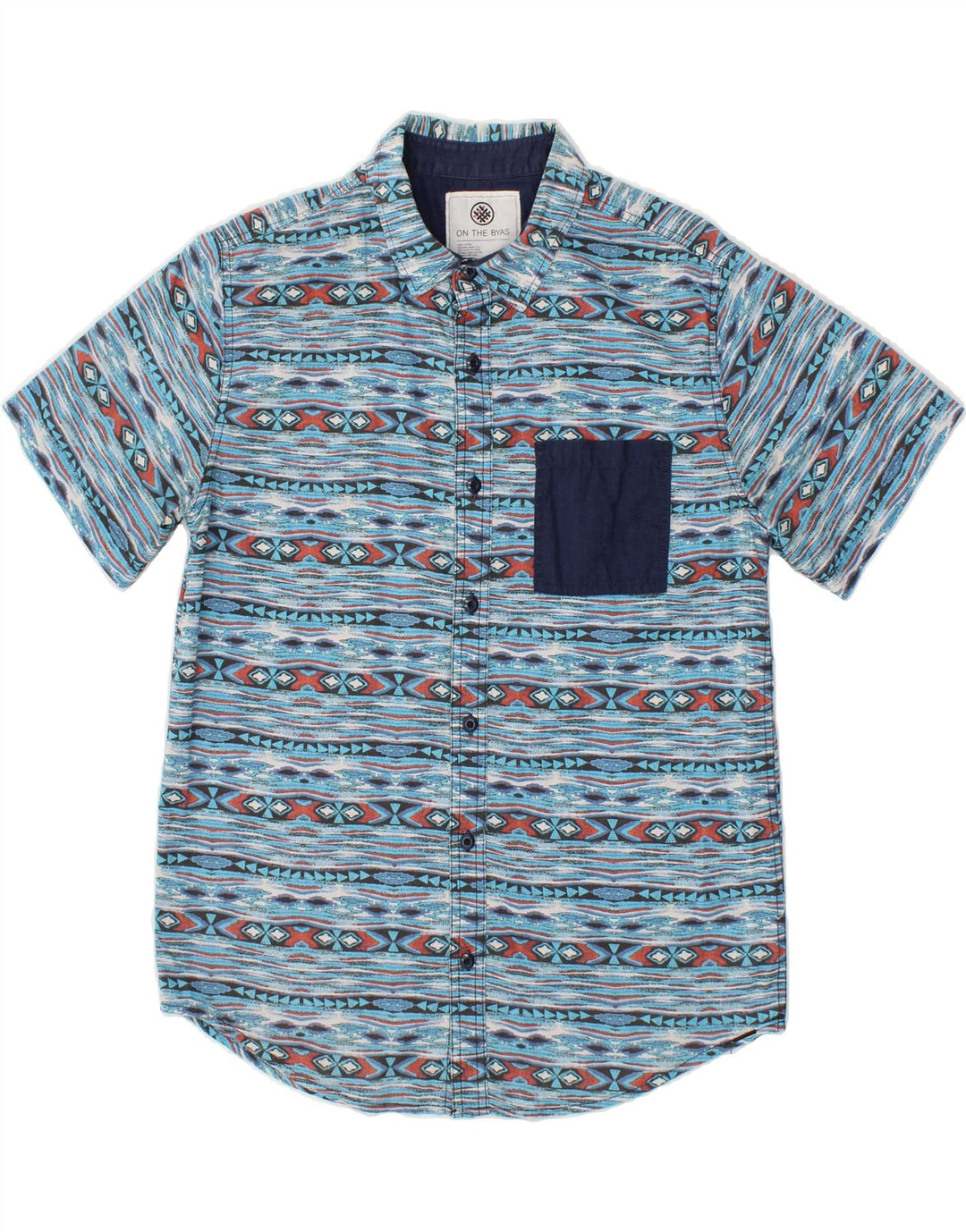 VINTAGE Herren Kurzarmhemd Mittelblau gestreift aus Baumwolle