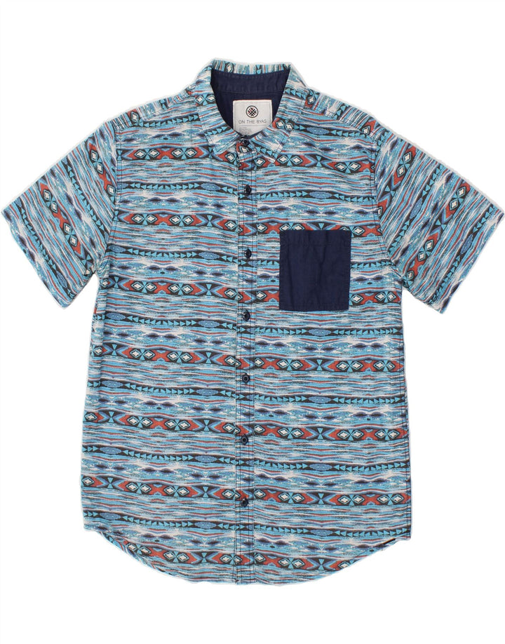 VINTAGE Herren Kurzarmhemd Mittelblau gestreift aus Baumwolle