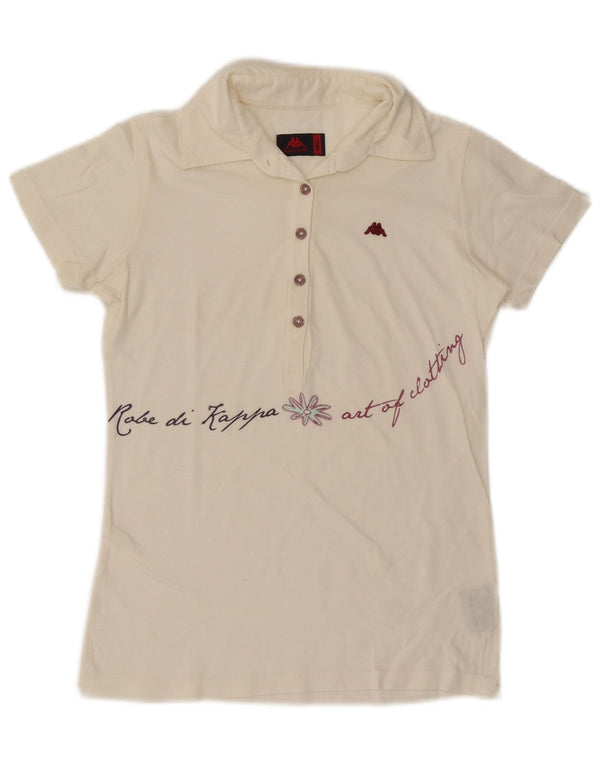 KAPPA Damen-Poloshirt mit Grafik, UK 10, Größe S, weiße Baumwolle