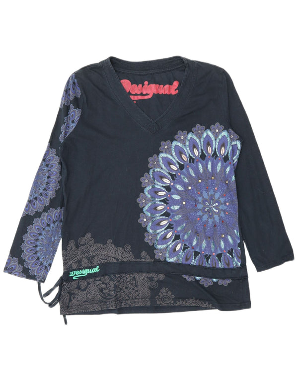 Desigual Womens Graphic Top Langarm UK 18 XL Marineblau mit Blumenmuster