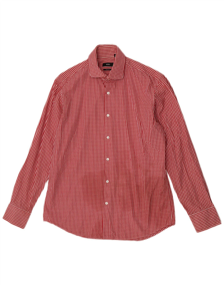 Hugo Boss Herren-Hemd mit normaler Passform, Größe 41 16, große rote Gingham-Baumwolle