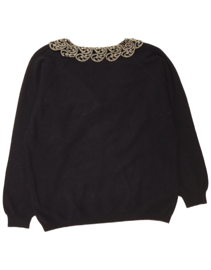 LETIZIA L. Damen-Pullover mit V-Ausschnitt, UK 16, Größe L, schwarze Paisley-Wolle