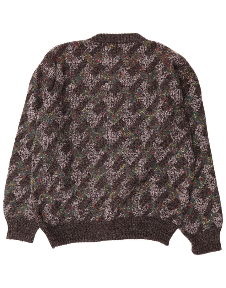Vintage Herren-Pullover mit Rundhalsausschnitt, groß, graue Argyle-/Diamantwolle