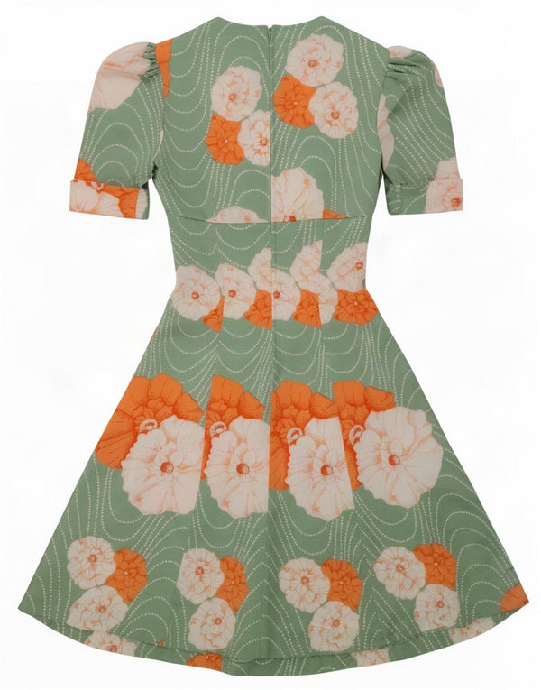 Vintage Damen A-Linie Kleid UK 4 XS Grün geblümtes Polyamid