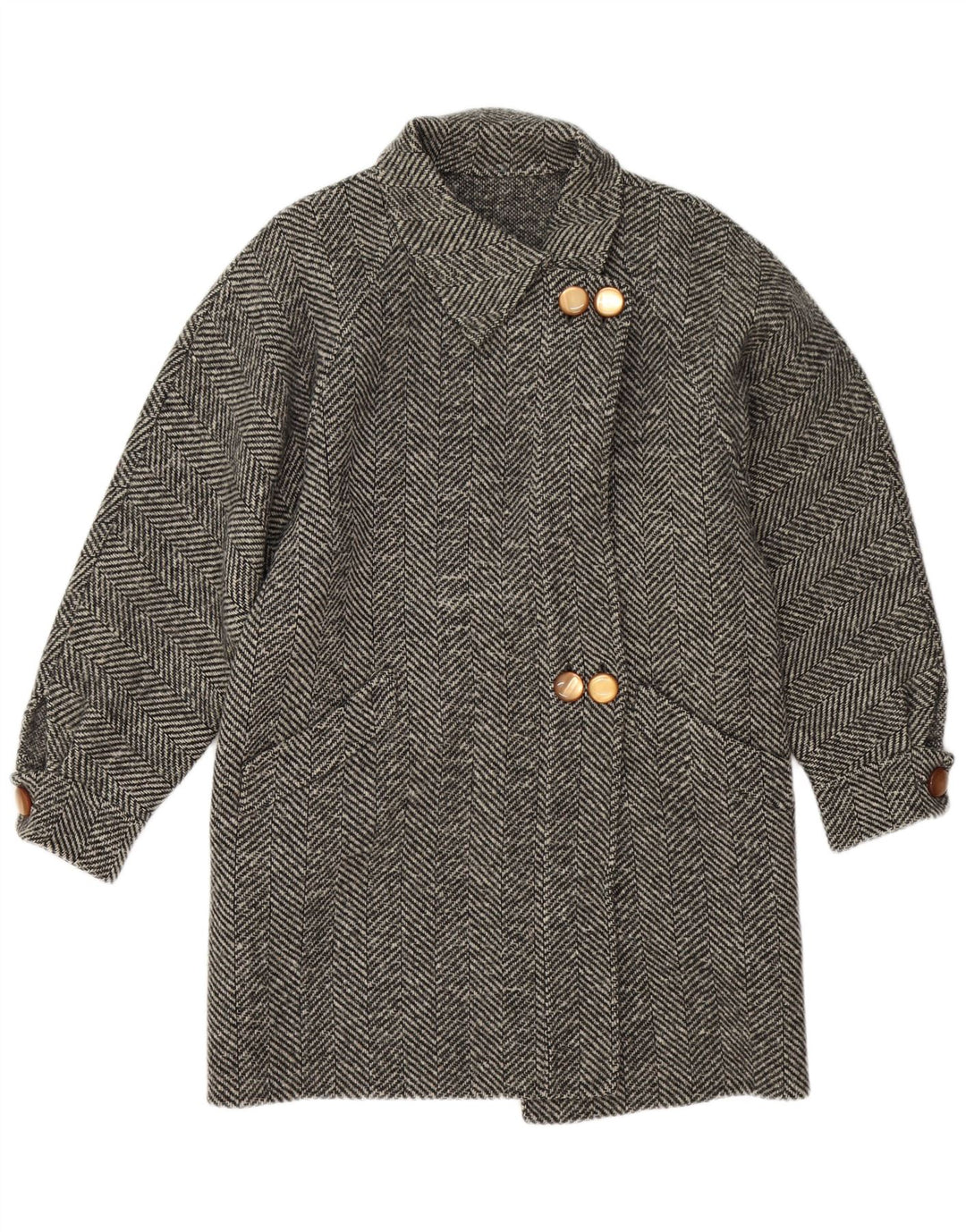 Vintage Damen Mantel UK 14 Mittelgrauer Fischgrätenmuster
