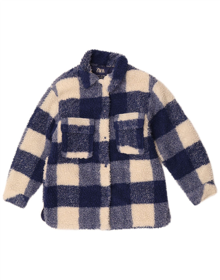 Zara Fleecejacke für Mädchen, 11–12 Jahre, blaues Gingham-Polyester