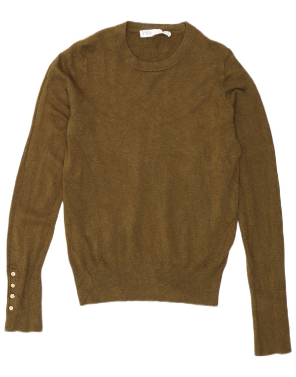 Zara Damen-Pullover mit Rundhalsausschnitt, UK 10, kleine Khaki-Viskose