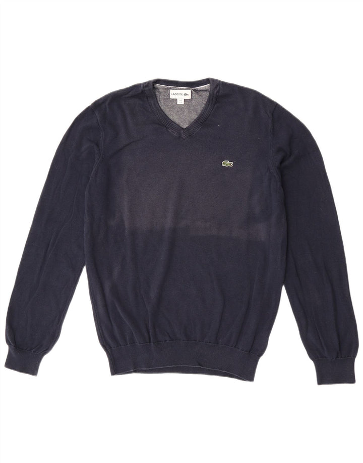 Lacoste Herren-Pullover mit V-Ausschnitt, Größe 4, mittelmarineblaue Baumwolle