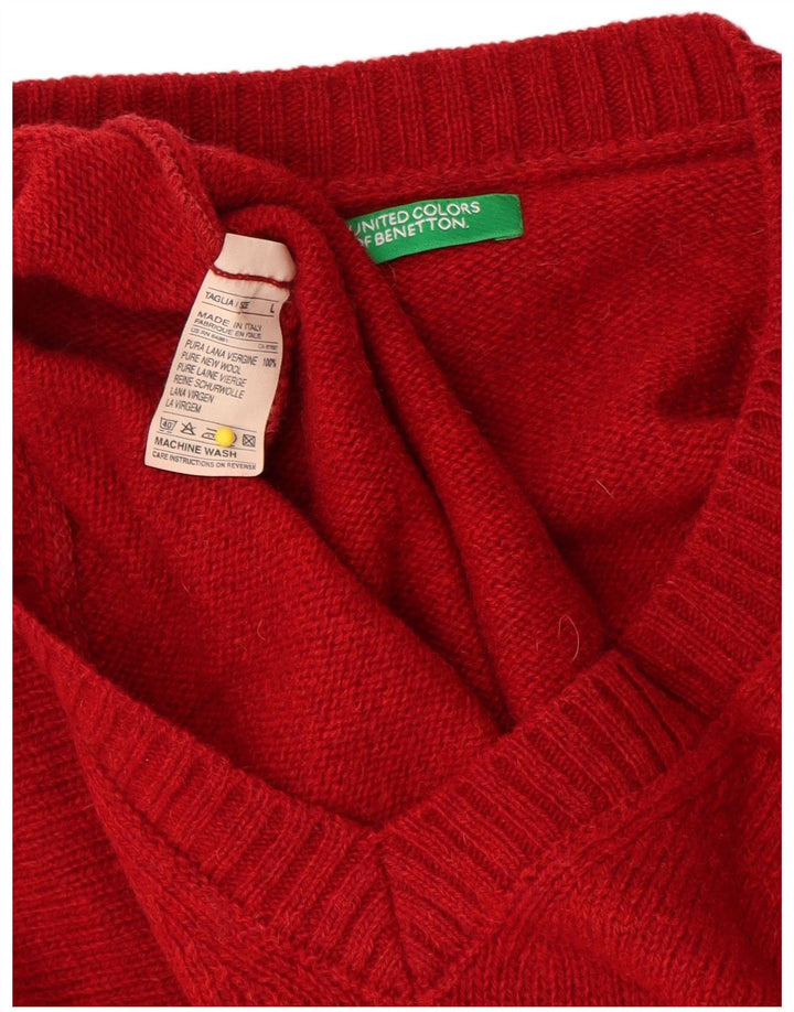 Benetton Herren-Pullover mit V-Ausschnitt, groß, rote Schurwolle
