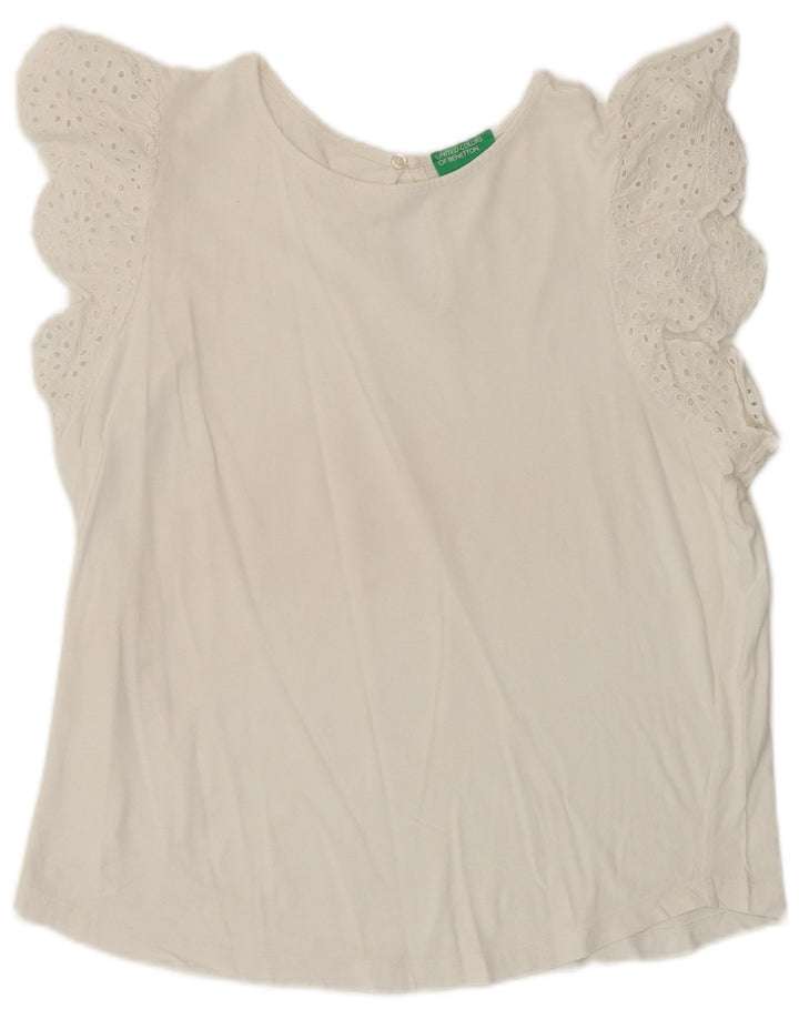 BENETTON Damen-Blusenoberteil, UK-Größe 46, Größe L, weiße Baumwolle